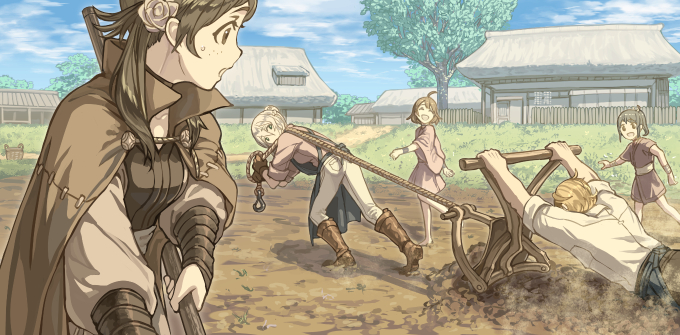 2boys 3girls :o ahoge apron architecture arthur_(fire_emblem_fates) bangs barefoot black_choker black_pants blonde_hair blue_apron blue_sky boots bracer breasts brown_cape brown_eyes brown_footwear brown_hair building cape child choker closed_eyes cloud collared_shirt commentary_request dated_commentary day dirt dirt_road east_asian_architecture effie_(fire_emblem) farming fence fire_emblem fire_emblem_fates flower freckles grass green_eyes green_hair hair_between_eyes hair_bun hair_flower hair_ornament harusame_(rueken) high_collar holding japanese_clothes knee_boots long_sleeves looking_at_another looking_back mozu_(fire_emblem) multiple_boys multiple_girls open_mouth outdoors pants parted_bangs path pink_shirt pulling road sash shirt shirt_tucked_in short_hair short_hair_with_long_locks short_sleeves sidelocks sky sleeves_folded_up small_breasts smile standing surprised sweatdrop tree waist_apron walking white_hair white_pants white_sash white_shirt wide_sleeves wooden_fence wristband