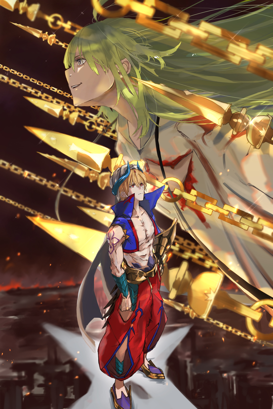 2boys blonde_hair blood blue_vest chain closed_mouth commentary enkidu_(weapon)_(fate) fate/grand_order fate_(series) from_side gilgamesh_(caster)_(fate) gilgamesh_(fate) green_eyes green_hair hakama hakama_pants highres horns japanese_clothes kdm_(ke_dama) kingu_(fate) long_hair multiple_boys navel open_clothes open_vest pants profile projected_inset red_pants shoes smile standing turban vest white_robe