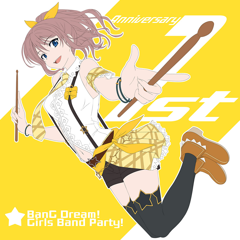 1girl anniversary bang_dream! banned_artist black_shorts blue_eyes bracelet brown_hair commentary_request copyright_name drumsticks full_body hiviki_n'alchemy jewelry navel open_mouth ponytail shirt short_shorts shorts sleeveless sleeveless_shirt smile solo star_(symbol) suspenders thighhighs yamabuki_saaya