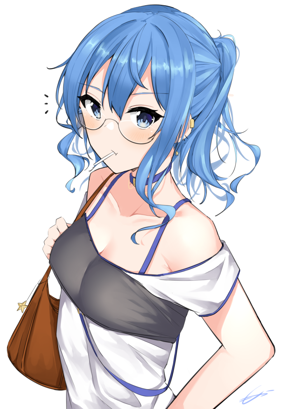 1girl bag bandeau bangs bare_shoulders blue_choker blue_eyes blue_hair candy choker collarbone commentary_request eyebrows_visible_through_hair food food_in_mouth glasses hair_between_eyes highres holding_strap hololive hoshimachi_suisei lollipop long_hair looking_at_viewer mocacoco339 mouth_hold notice_lines off_shoulder ponytail shirt shoulder_bag sidelocks signature simple_background solo upper_body virtual_youtuber white_background white_shirt