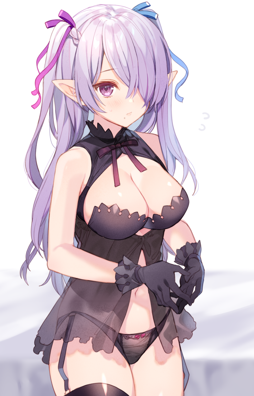 1girl babydoll bangs bare_shoulders bed_sheet black_gloves black_legwear black_panties blue_bow blush bow braid breasts cleavage cleavage_cutout closed_mouth clothing_cutout cowboy_shot elf eyebrows_visible_through_hair flying_sweatdrops garter_straps gloves hair_over_one_eye hair_ribbon highres looking_at_viewer medium_breasts mole mole_under_mouth navel original own_hands_together p_(p25234112) panties pointy_ears purple_eyes purple_hair purple_ribbon ribbon see-through simple_background solo two_side_up underwear underwear_only white_background