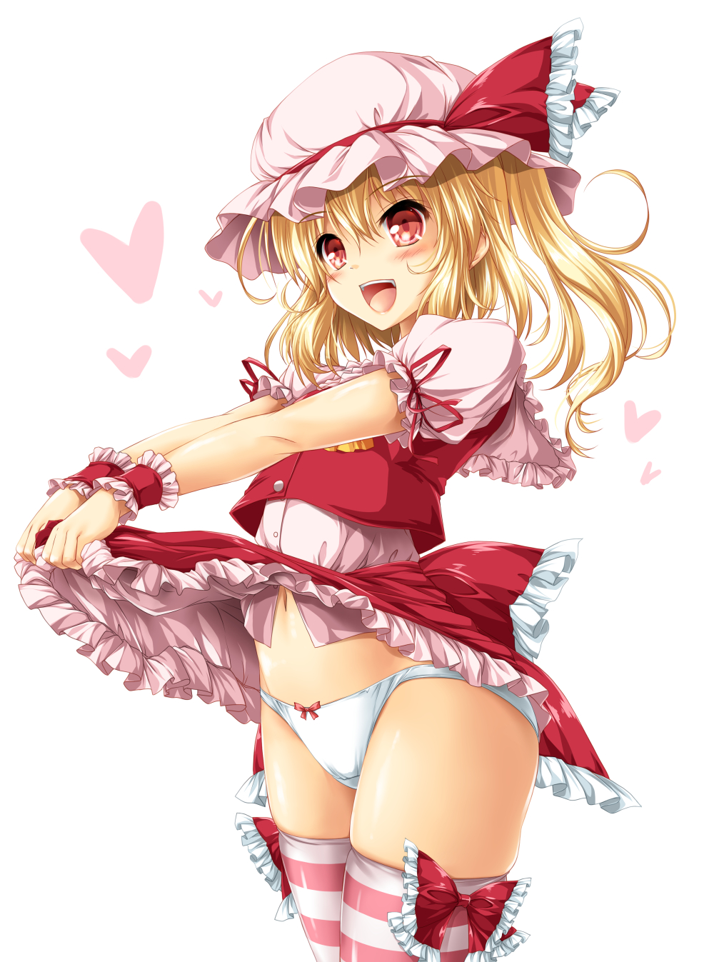 1girl ascot bat_wings blonde_hair blush bow clothes_lift cowboy_shot crystal fang flandre_scarlet frilled_shirt frilled_shirt_collar frilled_skirt frilled_sleeves frills hat hat_ribbon highres kamiya_tomoe lifted_by_self miniskirt mob_cap one_side_up panties puffy_short_sleeves puffy_sleeves red_bow red_eyes red_ribbon red_skirt red_vest ribbon shirt short_hair short_sleeves siblings side_ponytail skirt skirt_lift skirt_set striped striped_legwear thighhighs touhou underwear vertical-striped_legwear vertical_stripes vest white_panties white_shirt wings yellow_ascot