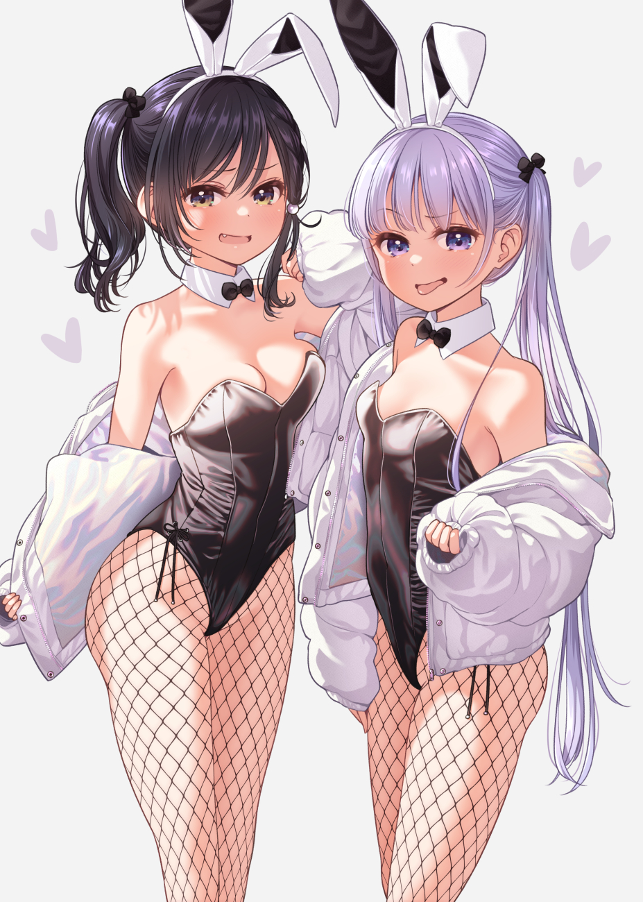 2girls animal_ears black_hair black_leotard bow bowtie breasts cleavage commentary_request cowboy_shot detached_collar fang fishnet_legwear fishnets highres jacket leotard long_hair looking_at_viewer medium_breasts multiple_girls narumi_tsubame new_game! off_shoulder official_art pantyhose playboy_bunny purple_eyes purple_hair rabbit_ears side_ponytail simple_background small_breasts standing strap_slip suzukaze_aoba tokunou_shoutarou tongue tongue_out twintails white_background white_jacket yellow_eyes