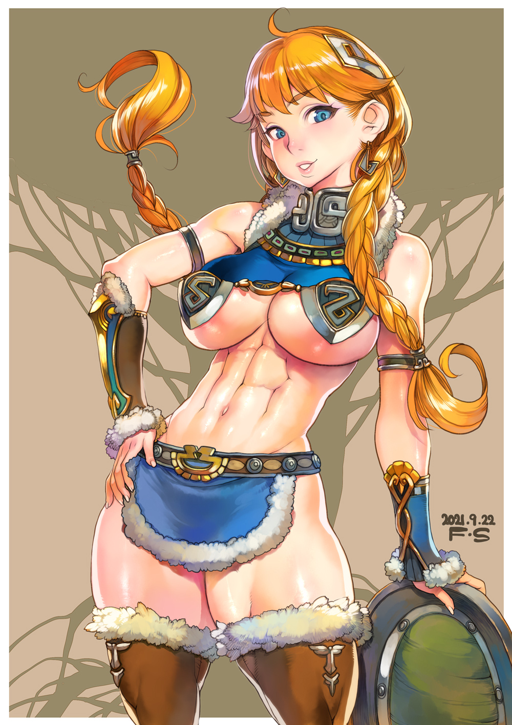 1girl abs armor blue_eyes blush braid breasts detached_sleeves earrings eyebrows_visible_through_hair f.s. hair_ornament highres jewelry large_breasts muscular muscular_female nose_blush orange_hair revealing_clothes smile thick_thighs thighhighs thighs