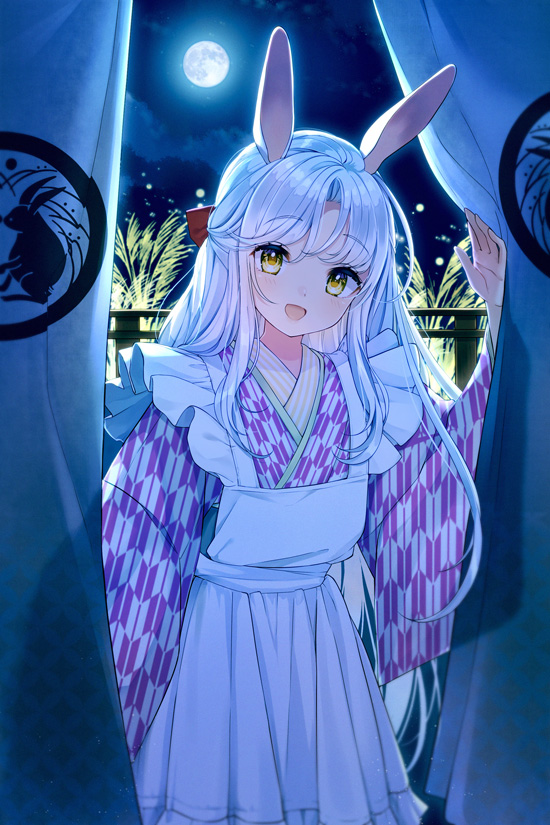 1girl animal_ears apron bangs bunny commentary_request eyebrows_visible_through_hair full_moon japanese_clothes kimono long_hair looking_at_viewer maronie. moon night night_sky open_mouth original rabbit_ears rabbit_girl silver_hair sky smile solo susuki_grass tsukimi yellow_eyes
