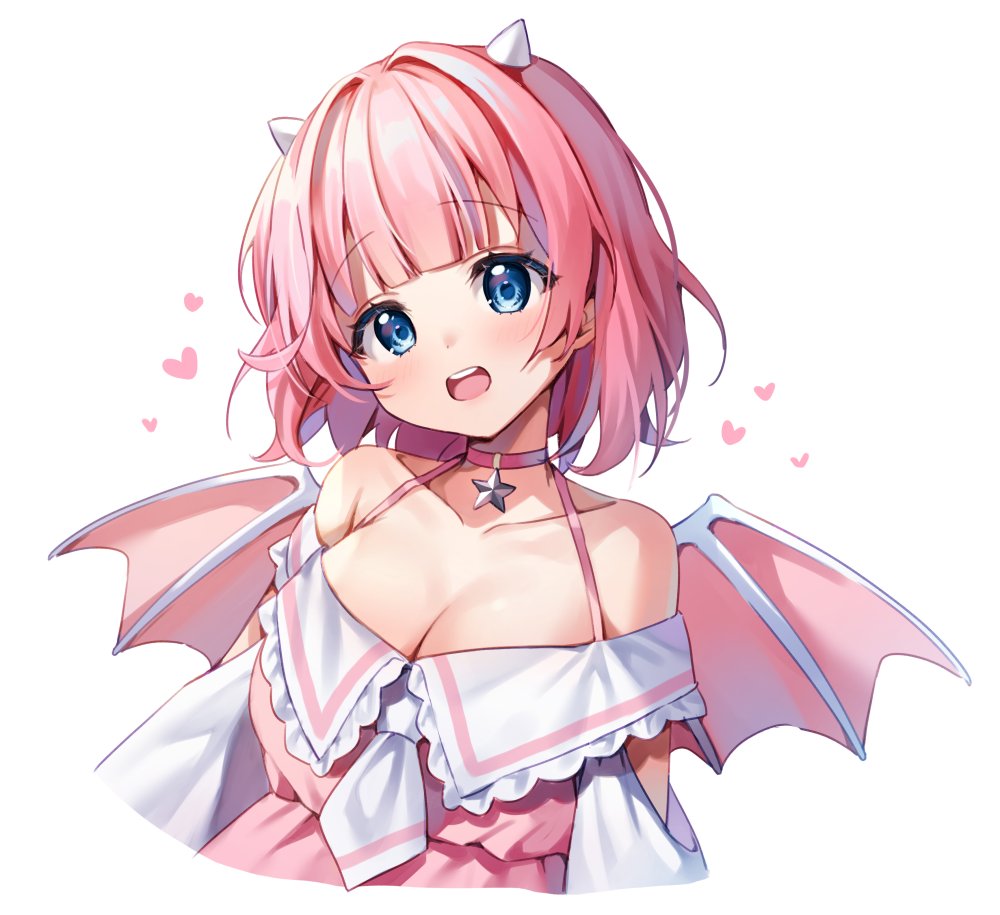 1girl bangs bat_wings blue_eyes blunt_bangs breasts choker chyoling cleavage eyebrows_visible_through_hair frilled_shirt_collar frills horns indie_virtual_youtuber kanola_u_(vtuber) large_breasts looking_at_viewer necktie open_mouth pink_hair short_hair solo upper_body virtual_youtuber white_background wings