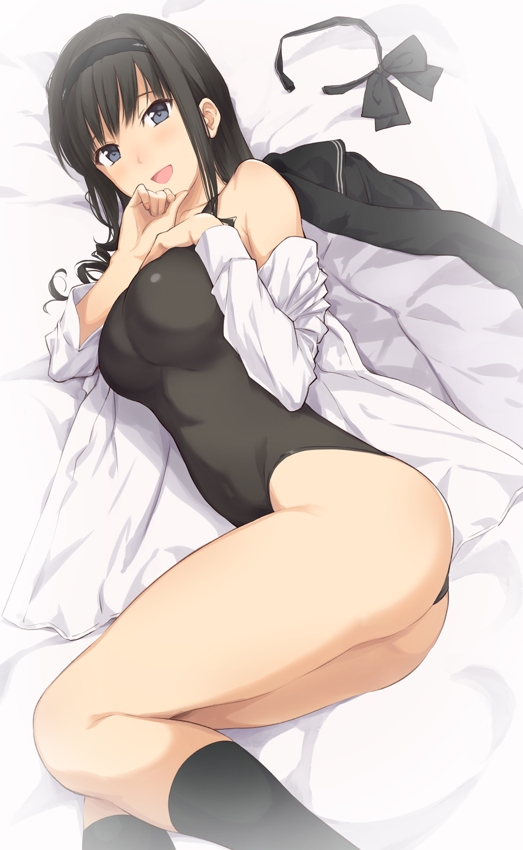 1girl :d amagami ass bangs bare_shoulders bed_sheet black_bow black_hair black_hairband black_jacket black_legwear black_swimsuit blue_eyes bow bow_removed breasts commentary_request competition_swimsuit covered_navel feet_out_of_frame from_above hairband hand_on_own_chest hand_on_own_face highres jacket jacket_removed kneehighs large_breasts long_hair long_sleeves lying morishima_haruka off_shoulder on_bed on_side one-piece_swimsuit open_clothes open_mouth open_shirt serizawa_(serizawaroom) shirt sidelocks smile solo swimsuit thighs white_shirt