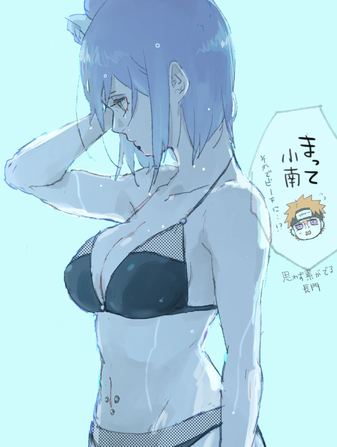 1girl bare_shoulders bikini black_bikini blue_hair breasts chibi chibi_inset cleavage eyeshadow flower hair_flower hair_ornament halterneck hand_on_own_head highres konan_(naruto) labret_piercing large_breasts makeup meitarou naruto_(series) naruto_shippuuden navel navel_piercing pain_(naruto) piercing profile short_hair speech_bubble swimsuit upper_body wet