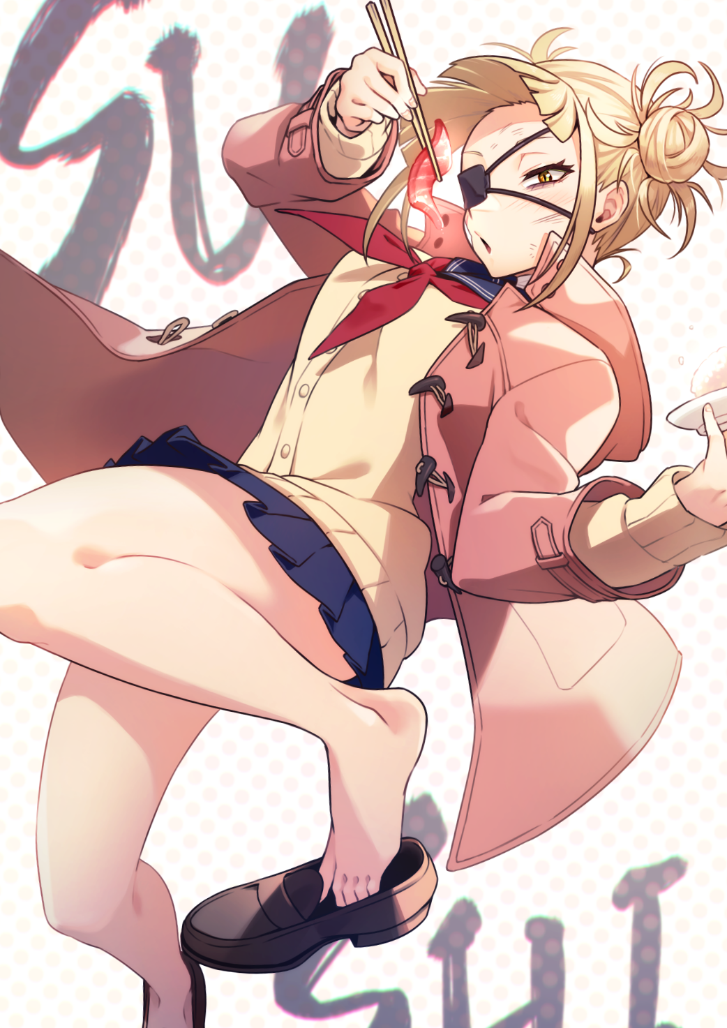 1girl :o abiko_yuuji alternate_costume arm_up bandages bandaid bandaid_on_cheek bangs black_eyepatch blonde_hair blue_sailor_collar blue_skirt blunt_bangs boku_no_hero_academia bowl brown_footwear brown_jacket bruise cardigan commentary_request double_bun eyepatch food grey_background hand_up highres holding holding_bowl injury jacket long_sleeves looking_at_viewer miniskirt neckerchief open_clothes open_jacket pleated_skirt polka_dot polka_dot_background red_neckerchief rice sailor_collar school_uniform serafuku shoe_removed shoes skirt solo sushi toga_himiko yellow_eyes