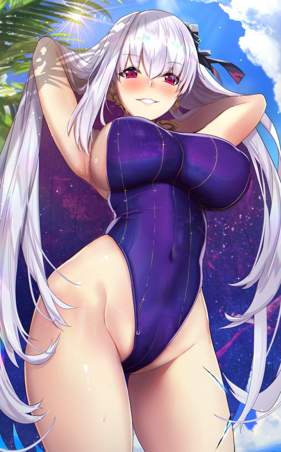 1girl armpits arms_behind_head arms_up bangs bare_shoulders blue_sky blush breasts cloud covered_navel day earrings eyebrows_visible_through_hair fate/grand_order fate_(series) flower hair_flower hair_ornament hair_ribbon highleg highleg_swimsuit highres jewelry kama_(fate) kama_(swimsuit_avenger)_(fate) large_breasts long_hair looking_at_viewer lotus multicolored_hair one-piece_swimsuit open_mouth outdoors palm_tree purple_hair purple_swimsuit red_eyes ribbon silver_hair sky smile solo star_(symbol) star_earrings sun swimsuit thighs tree two-tone_hair untue