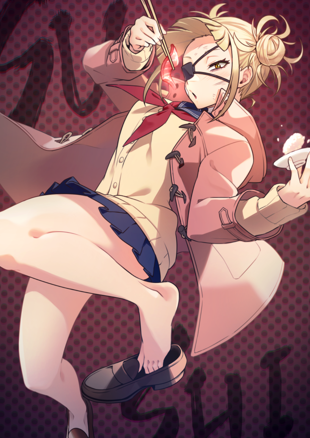 1girl :o abiko_yuuji alternate_costume arm_up bandages bandaid bandaid_on_cheek bangs black_eyepatch blonde_hair blue_sailor_collar blue_skirt blunt_bangs boku_no_hero_academia bowl brown_footwear brown_jacket bruise cardigan commentary_request double_bun eyepatch food gradient gradient_background hand_up highres holding holding_bowl injury jacket long_sleeves looking_at_viewer miniskirt neckerchief open_clothes open_jacket pleated_skirt polka_dot polka_dot_background red_background red_neckerchief rice sailor_collar school_uniform serafuku shoe_removed shoes skirt solo sushi toga_himiko yellow_eyes