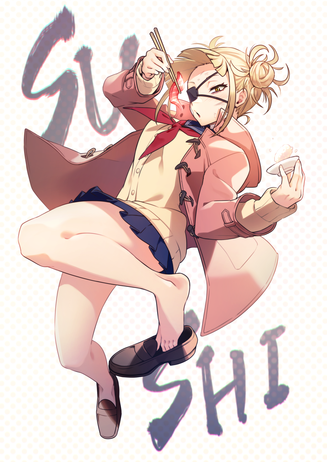 1girl :o abiko_yuuji alternate_costume arm_up bandages bandaid bandaid_on_cheek bangs black_eyepatch blonde_hair blue_sailor_collar blue_skirt blunt_bangs boku_no_hero_academia bowl brown_footwear brown_jacket bruise cardigan commentary_request double_bun eyepatch food gradient gradient_background hand_up highres holding holding_bowl injury jacket long_sleeves looking_at_viewer miniskirt neckerchief open_clothes open_jacket pleated_skirt polka_dot polka_dot_background red_neckerchief rice sailor_collar school_uniform serafuku shoe_removed shoes skirt solo sushi toga_himiko white_background yellow_eyes