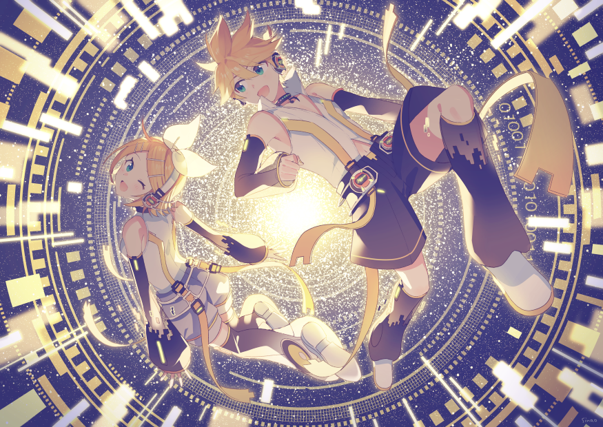1boy 1girl bangs bare_shoulders belt black_shorts black_sleeves blonde_hair blue_eyes bow commentary detached_sleeves floating grey_shorts hair_bow hair_ornament hairclip headphones kagamine_len kagamine_len_(append) kagamine_rin kagamine_rin_(append) leg_warmers looking_at_another looking_back navel one_eye_closed shirt short_hair short_ponytail shorts sinaooo sleeveless sleeveless_shirt smile spiked_hair swept_bangs virtual_reality vocaloid vocaloid_append white_bow white_footwear white_shirt
