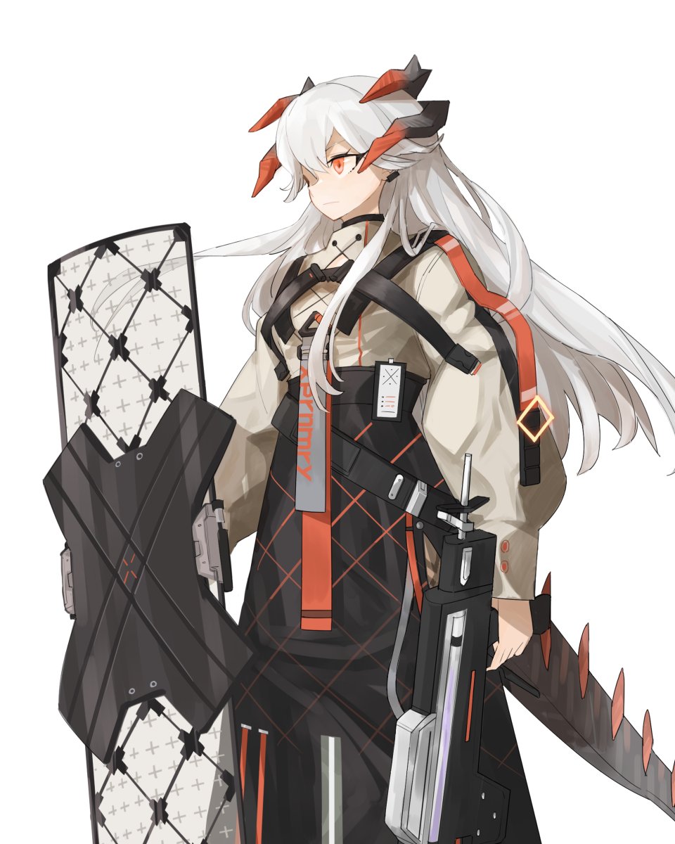1girl arknights bangs black_skirt chest_strap closed_mouth commentary dragon_horns dragon_tail earclip feet_out_of_frame frown grey_shirt high-waist_skirt highres holding holding_shield holding_weapon horns id_card long_hair long_sleeves orange_eyes saria_(arknights) shield shirt silver_hair simple_background skirt solo syringe_gun tail weapon white_background xiangcm3