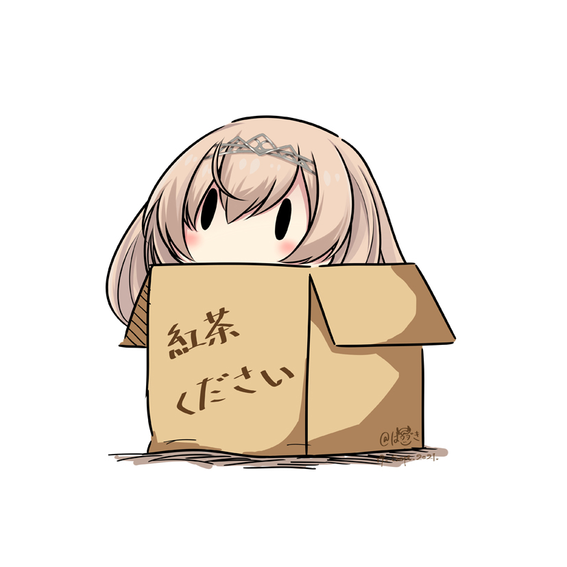 1girl bangs blonde_hair blush box cardboard_box commentary dated hair_between_eyes hairband hatsuzuki_527 in_box in_container kantai_collection long_hair no_mouth simple_background solo translated twitter_username victorious_(kancolle) white_background