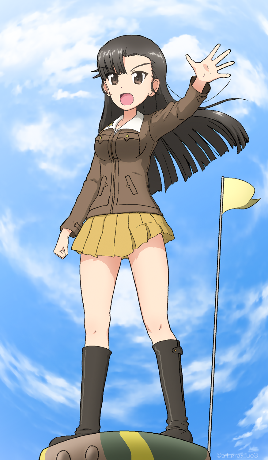 1girl asymmetrical_bangs bangs black_footwear black_hair blue_sky boots brown_eyes brown_jacket chi-hatan_military_uniform cloud cloudy_sky commentary_request day eyebrows_visible_through_hair flag frown full_body girls_und_panzer haiiro_purin highres jacket knee_boots long_hair long_sleeves looking_at_viewer military military_uniform miniskirt nishi_kinuyo open_mouth outdoors pleated_skirt skirt sky solo standing straight_hair tank_cupola twitter_username uniform yellow_skirt