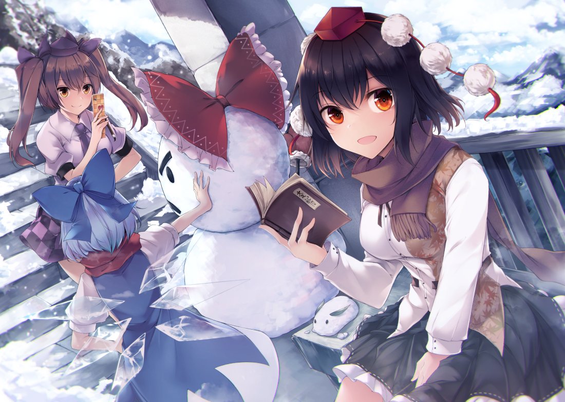 3girls black_necktie black_skirt blue_bow blue_hair blush bow breasts brown_hair checkered checkered_skirt cirno dress eyebrows_visible_through_hair frilled_skirt frills hair_between_eyes hair_bow hat himekaidou_hatate ice ice_wings large_breasts leaf_print long_hair long_sleeves looking_at_viewer midori_(misuriru8) multiple_girls necktie notepad phone pinafore_dress pom_pom_(clothes) puffy_short_sleeves puffy_sleeves purple_skirt red_bow red_eyes red_scarf scarf shameimaru_aya shirt short_hair short_sleeves sitting skirt smile snow snow_bunny snowman stairs tokin_hat touhou two_side_up white_shirt wings yellow_eyes