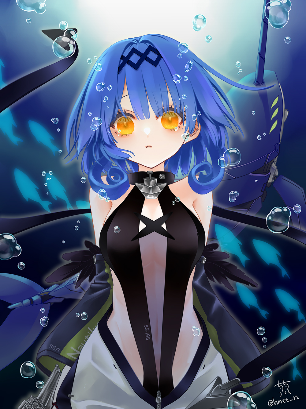 1girl air_bubble artist_name azur_lane bare_shoulders black_swimsuit blue_hair breasts bubble center_opening character_name detached_sleeves hamititi_nyanko highres looking_at_viewer mechanical_animal medium_hair nautilus_(azur_lane) see-through_swimsuit sleeveless small_breasts solo swimsuit underwater yellow_eyes zipper