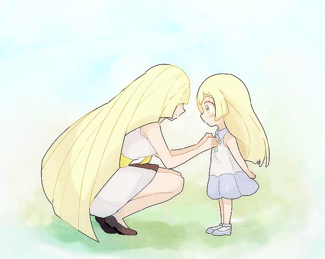2girls adjusting_neckwear bangs blonde_hair blush_stickers brown_footwear chiimako closed_mouth collared_dress commentary_request dress eyelashes from_side green_eyes grey_footwear lillie_(pokemon) long_hair lusamine_(pokemon) mother_and_daughter multiple_girls pokemon pokemon_(game) pokemon_sm shoes sleeveless sleeveless_dress smile socks squatting white_dress white_legwear younger