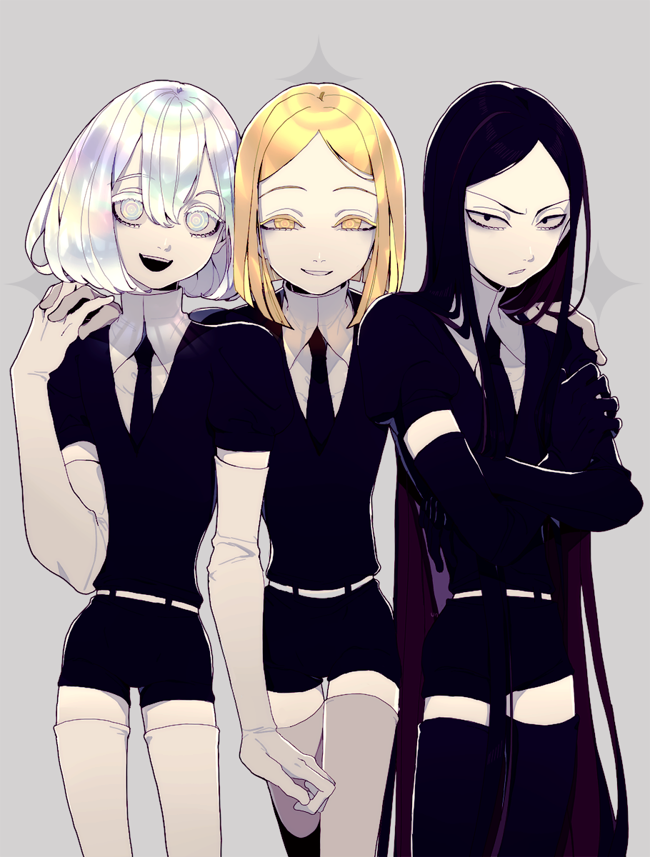 3others :d androgynous bangs belt black_eyes black_gloves black_hair black_legwear black_necktie blonde_hair bort collar commentary crossed_arms diamond_(houseki_no_kuni) elbow_gloves frown gem_uniform_(houseki_no_kuni) gloves grey_legwear hair_between_eyes highres holding_hands houseki_no_kuni interlocked_fingers kuzudon long_hair looking_at_viewer multicolored_eyes multicolored_hair multiple_others necktie open_mouth pale_skin parted_bangs parted_lips rainbow_hair shirt short_hair short_sleeves shorts silver_hair simple_background smile standing symbol-only_commentary thighhighs very_long_hair white_background white_belt white_eyes white_gloves white_legwear white_shirt yellow_diamond_(houseki_no_kuni) yellow_eyes
