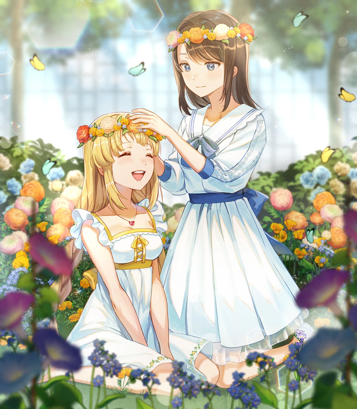 2girls :d back_bow bang_dream! bangs bare_arms between_legs blonde_hair blue_bow blue_bowtie blue_butterfly blue_flower blurry blurry_background blurry_foreground bow bowtie braid breasts brown_hair bug butterfly closed_eyes closed_mouth collarbone commentary commission cross-laced_clothes day dress eyebrows_visible_through_hair floral_print flower flower_wreath frilled_dress frilled_sleeves frills full_body grass greenhouse hand_between_legs hand_on_another's_head hands_up head_wreath highres indoors jewelry kneeling light_blush light_particles light_smile long_hair looking_at_another low_twin_braids low_twintails medium_breasts medium_hair multiple_girls necklace okusawa_misaki on_ground open_mouth orange_flower pendant pink_flower pleated_dress print_dress purple_flower sailor_collar sailor_dress see-through shiny shiny_hair shoes short_sleeves sidelocks sitting sleeves_past_elbows smile sunlight swept_bangs teeth tiny_(tini3030) tree tsurumaki_kokoro twin_braids twintails upper_teeth v_arms very_long_hair wariza white_dress white_flower white_footwear white_sailor_collar yellow_butterfly yellow_flower