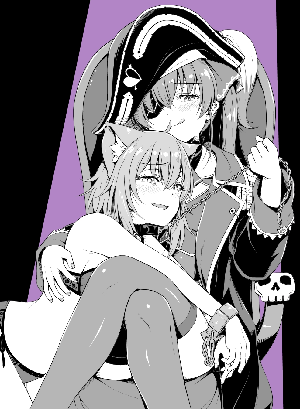 2girls :q animal_ear_fluff animal_ears bangs bdsm blush bra cat_ears chain collar commentary_request crossed_legs cuffs eyebrows_visible_through_hair eyepatch greyscale hair_between_eyes handcuffs hat highres hololive houshou_marine leash long_sleeves looking_at_viewer monochrome multiple_girls nekomata_okayu noise_(tsuzuki) panties pirate_hat short_hair side-tie_panties sitting thighhighs tongue tongue_out underwear underwear_only virtual_youtuber