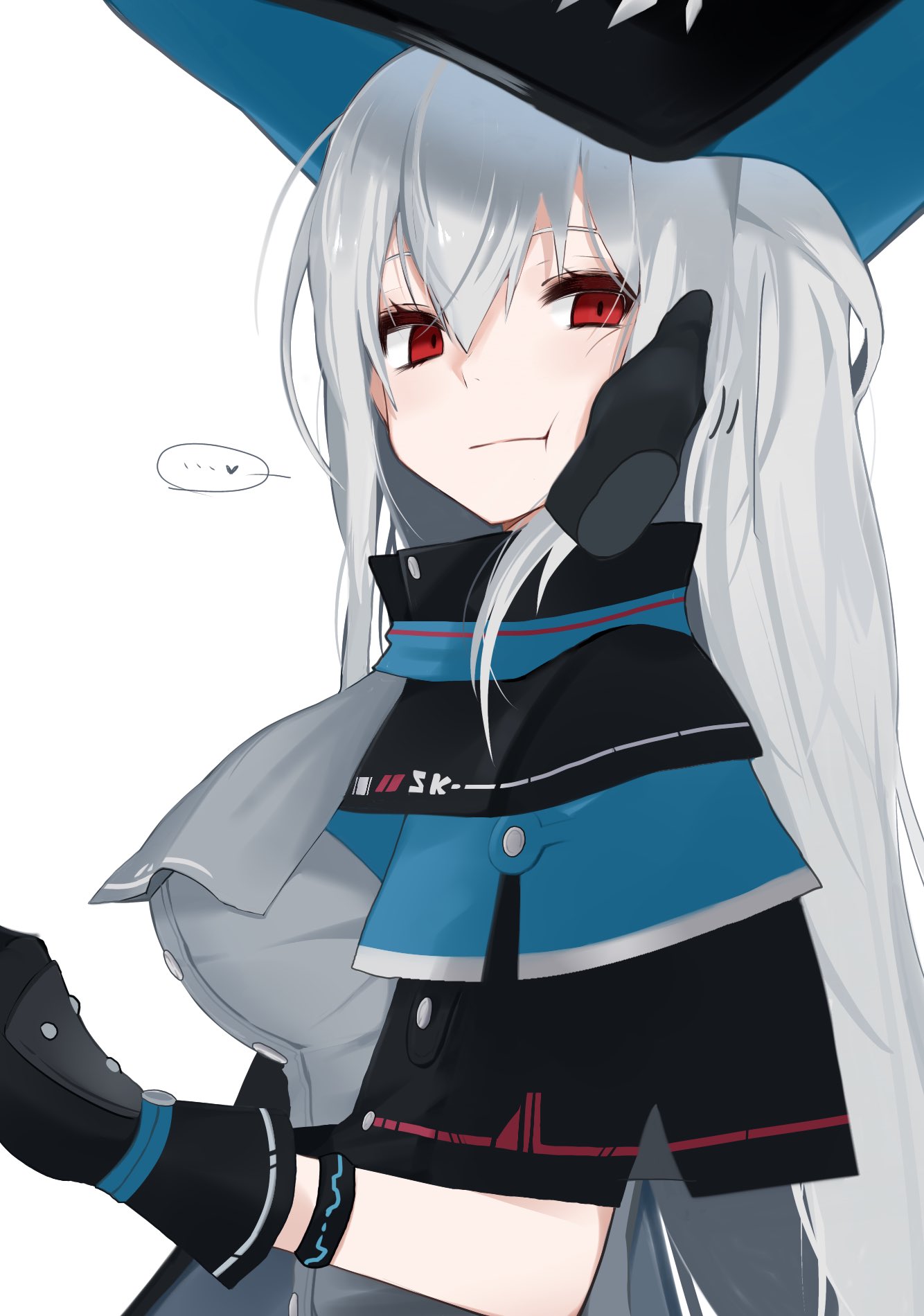 ... 1girl :t arknights ascot black_capelet black_gloves black_headwear breasts capelet commentary_request from_side gloves grey_ascot grey_neckwear grey_shirt hand_on_another's_cheek hand_on_another's_face hat heart highres infection_monitor_(arknights) long_hair looking_at_viewer looking_to_the_side medium_breasts red_eyes shirt signal_1120 silver_hair simple_background skadi_(arknights) solo spoken_ellipsis spoken_heart upper_body white_background