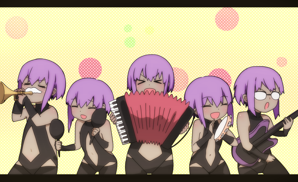 &gt;_&lt; 5girls :d accordion bangs bare_shoulders black_bodysuit bodysuit center_opening closed_eyes commentary_request cowboy_shot dark-skinned_female dark_skin electric_guitar eyebrows_visible_through_hair fate/prototype fate/prototype:_fragments_of_blue_and_silver fate_(series) glasses guitar hair_between_eyes hassan_of_serenity_(fate) holding holding_instrument i.u.y instrument letterboxed maracas multiple_girls music navel opaque_glasses open_mouth otome_game_no_hametsu_flag_shika_nai_akuyaku_reijou_ni_tensei_shite_shimatta playing_instrument purple_hair sidelocks smile tambourine trumpet v-shaped_eyebrows xd