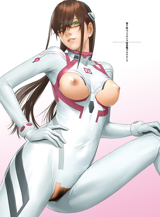 1girl bangs bodysuit breast_cutout breasts breasts_outside brown_hair evangelion:_3.0+1.0_thrice_upon_a_time female_pubic_hair glasses gradient gradient_background green_eyes hair_ornament hand_on_hip interface_headset long_hair looking_at_viewer makinami_mari_illustrious multicolored_bodysuit multicolored_clothes neon_genesis_evangelion nipples parted_lips pilot_suit plugsuit pubic_hair pussy_cutout rebuild_of_evangelion red-framed_eyewear semi-rimless_eyewear shiny shiny_clothes skin_tight solo translation_request under-rim_eyewear watanabe_yasuaki white_bodysuit