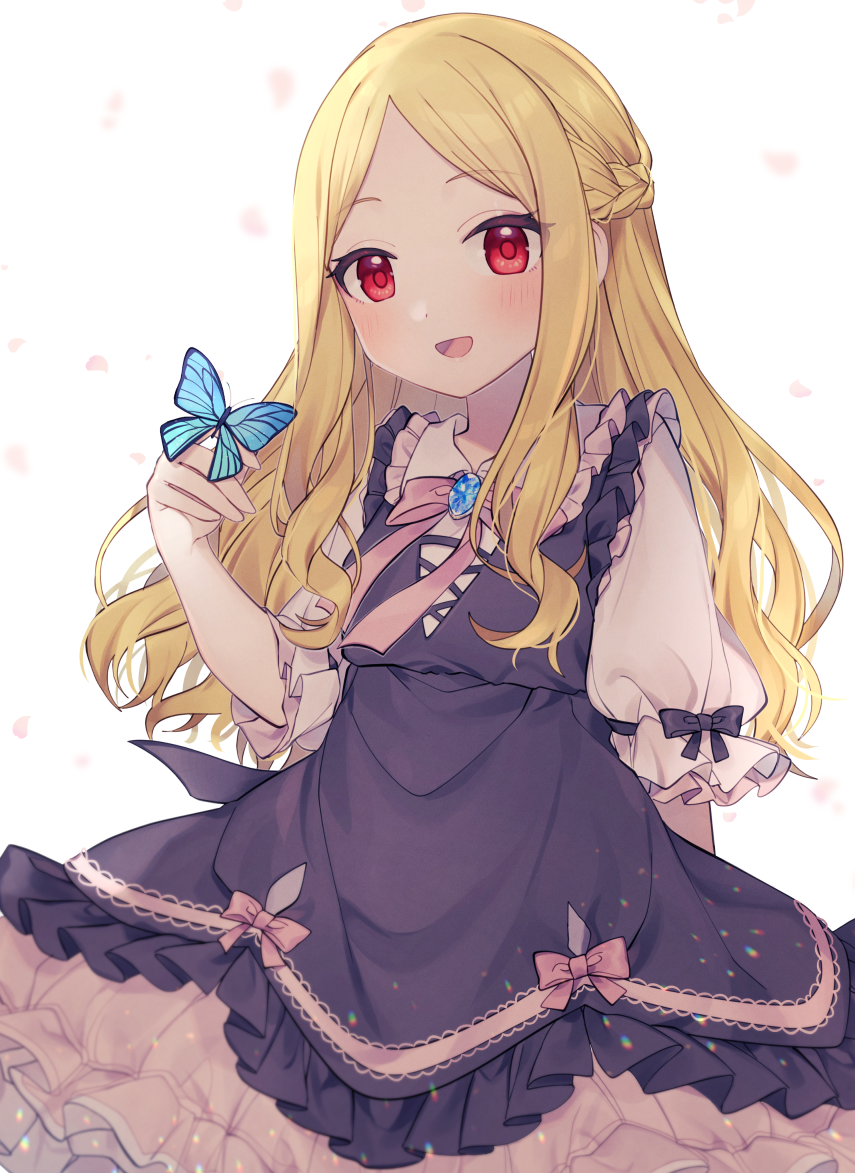 1girl :d animal_on_hand bangs black_dress blonde_hair blush bow braid bug butterfly commentary_request dress eyebrows_visible_through_hair frilled_dress frills hand_up idolmaster idolmaster_cinderella_girls long_hair looking_at_viewer minamiya_mia mochizuki_hijiri open_mouth parted_bangs pink_bow puffy_short_sleeves puffy_sleeves shirt short_sleeves sleeveless sleeveless_dress smile solo very_long_hair white_background white_shirt