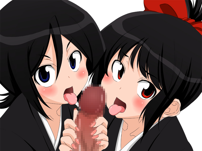 2girls artist_request black_hair bleach bleach:_memories_of_nobody blue_eyes blush censored fellatio handjob kuchiki_rukia multiple_fellatio multiple_girls oral penis red_eyes ribbon robe senna short_hair tongue young younger