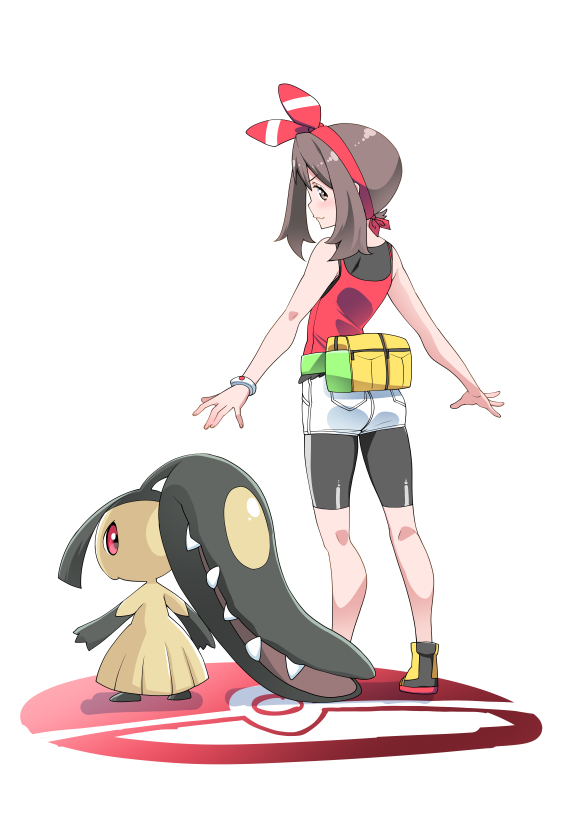 1girl bow_hairband bracelet brown_eyes brown_hair commentary_request fanny_pack from_behind hairband imitating jewelry looking_back mawile may_(pokemon) pokemon pokemon_(creature) pokemon_(game) pokemon_oras satsuki_imonet shorts white_shorts