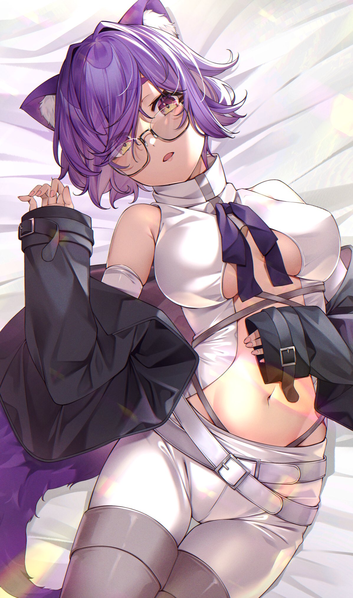 1girl animal_ear_fluff animal_ears bangs bed_sheet belt belt_buckle black_jacket breasts breasts_apart buckle center_opening commentary_request cowboy_shot detached_sleeves eyebrows_visible_through_hair eyes_visible_through_hair glasses grey_legwear hair_over_one_eye hand_on_own_stomach highres izumi_kei jacket large_breasts long_sleeves looking_at_viewer lying navel off_shoulder on_back open_clothes open_jacket original parted_lips purple_hair red_eyes semi-rimless_eyewear shirt short_hair shorts sleeves_past_wrists solo stomach tail thick_eyebrows thighhighs white_belt white_shirt white_shorts