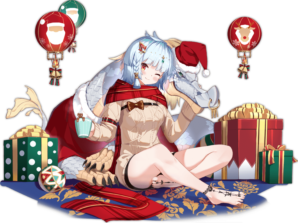 1girl ark_order artist_request ball bangs bare_legs barefoot barefoot_sandals beige_sweater black_shorts blue_hair blush bow braid christmas crossed_legs cup dragon faux_figurine floral_print fur-trimmed_headwear gift gingerbread_man hat holding holding_cup indian_style long_sleeves looking_at_viewer mug nose_piercing nose_ring official_art one_eye_closed piercing plaid plaid_bow plaid_scarf pom_pom_(clothes) red_bow red_eyes red_headwear red_scarf reindeer santa_hat scarf shorts side_braid sitting smile temari_ball transparent_background virupaksa_(ark_order)