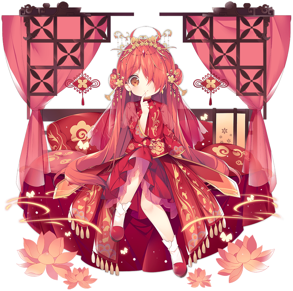 1girl ahoge ark_order bangs bed_frame bed_sheet bug butterfly butterfly_hair_ornament curtains double_bun dress earrings faux_figurine fenghuang_(ark_order) fire flower gold_trim hair_flower hair_ornament hair_stick jewelry long_hair long_sleeves looking_at_viewer official_art orange_eyes pillow red_dress red_footwear red_hair sidelocks sitting smile socks solo tachi-e tassel transparent_background tsukimi_(xiaohuasan) very_long_hair white_legwear younger