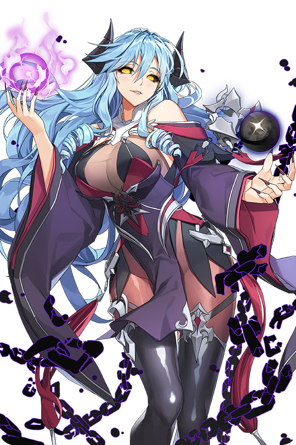 1girl alkyde_(soccer_spirits) black_sclera blue_hair boots breasts broken broken_chain catharsis_(soccer_spirits) chain colored_sclera dark_persona demon_girl demon_horns drill_hair high_heel_boots high_heels horns large_breasts long_hair looking_at_viewer looking_to_the_side orb pantyhose soccer_spirits transparent_background vakasatang wizard yellow_eyes