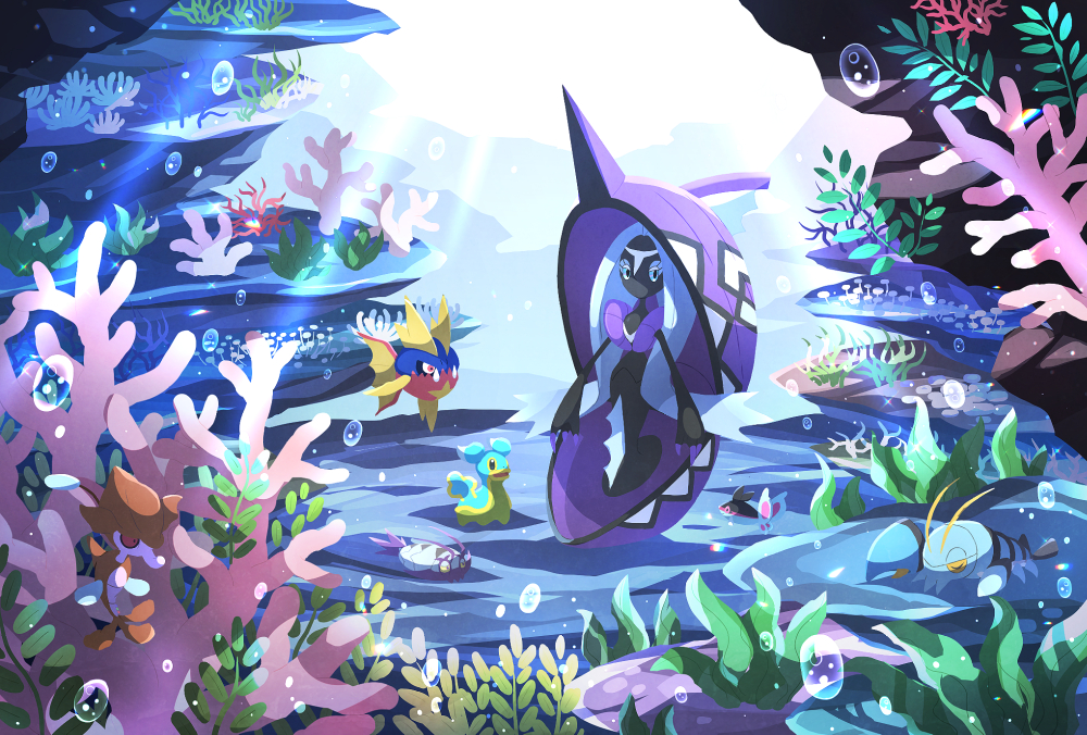 air_bubble bad_id bad_pixiv_id banned_artist bubble carvanha clauncher closed_eyes commentary_request coral eyelashes finneon fish light_rays looking_at_viewer nin_(female) no_humans pokemon pokemon_(creature) seaweed shellos skrelp tapu_fini underwater wimpod