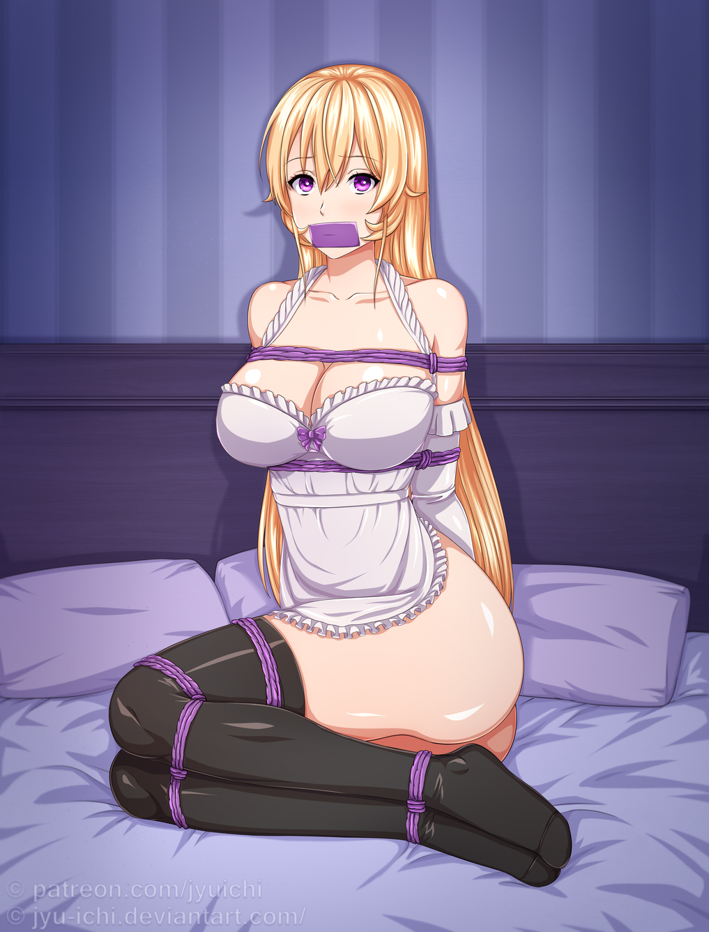 1girl apron arms_behind_back artist_name ass bare_shoulders bdsm bed bed_sheet black_legwear blonde_hair bondage bottomless bound bow breasts cleavage detached_sleeves eyebrows_visible_through_hair feet_together frilled_apron frilled_sleeves frills full_body gag hair_ribbon highres improvised_gag jyu_ichi large_breasts legs_together looking_at_viewer nakiri_erina patreon_username pillow purple_bow purple_eyes ribbon rope shibari shiny shiny_skin shokugeki_no_souma sitting solo tape tape_gag thighhighs thighs