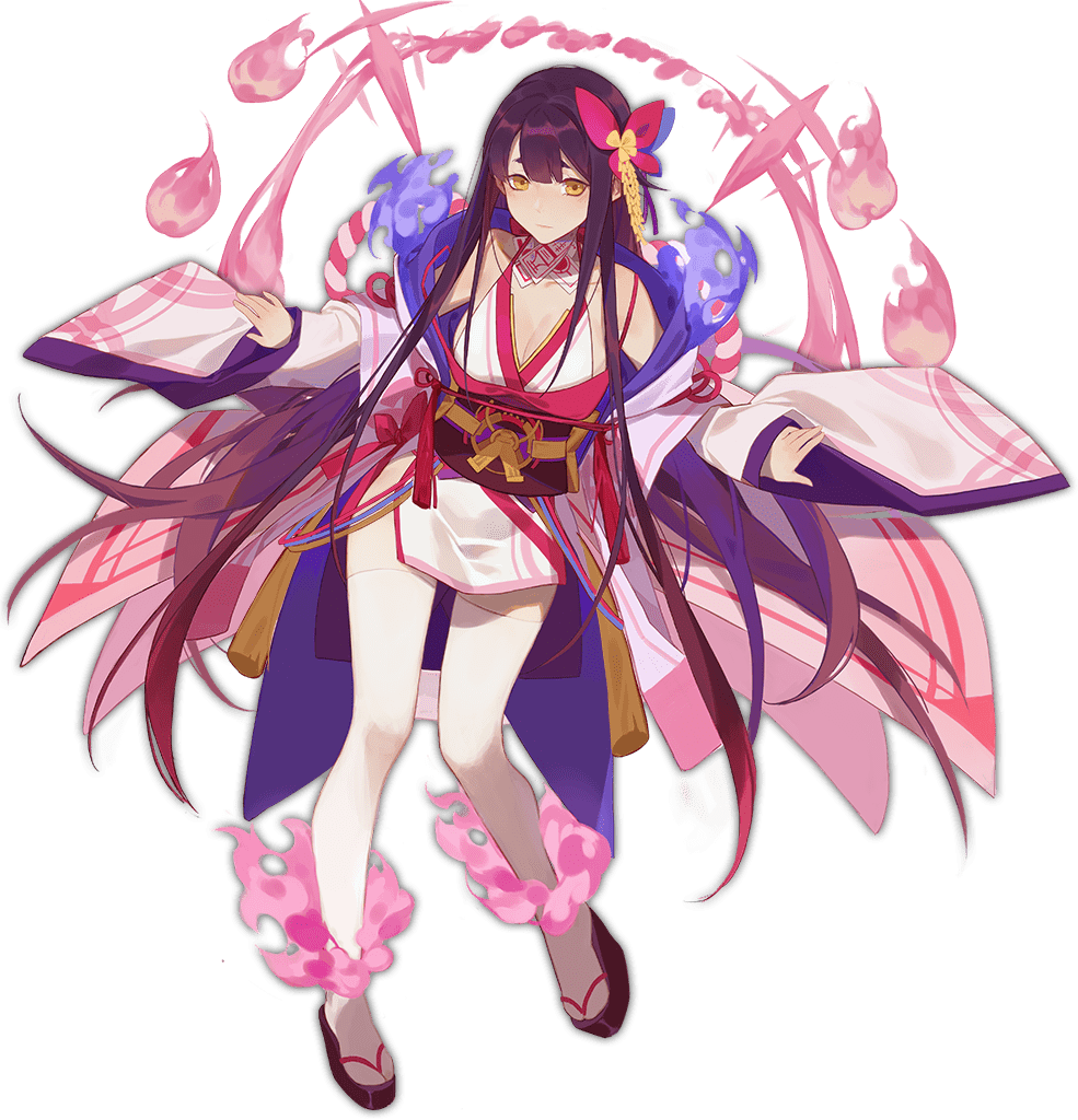 1girl ark_order bangs black_footwear blue_bow bow breasts cleavage fire full_body hair_bow japanese_clothes kagutsuchi_(ark_order) kimono large_breasts long_hair long_sleeves obi official_art ofuda okobo pink_bow pink_fire purple_hair red_cucumber sash sidelocks solo tachi-e thighhighs transparent_background very_long_hair white_kimono white_legwear wide_sleeves yellow_eyes