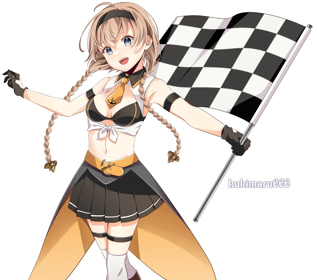 1girl anchor_symbol bare_shoulders black_bra black_gloves black_hairband black_skirt boots bra braid breasts brown_footwear checkered checkered_flag eyebrows_visible_through_hair flag gloves grey_eyes hair_ornament hairband holding holding_flag kantai_collection kukimaru light_brown_hair long_hair medium_breasts navel necktie open_mouth outstretched_arms pleated_skirt race_queen simple_background skirt sleeveless smile solo teruzuki_(kancolle) thighhighs twin_braids twitter_username underwear white_background white_legwear yellow_necktie