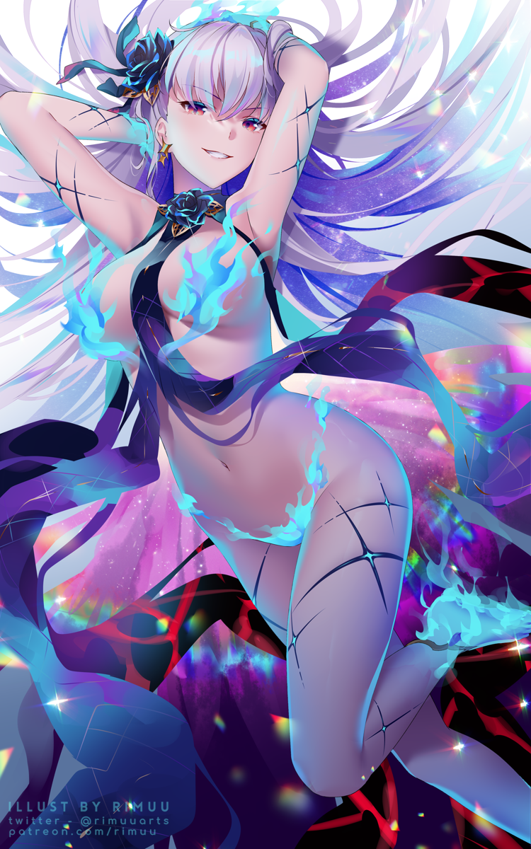 1girl armpits arms_behind_head arms_up bangs bare_shoulders blue_fire blue_hair blush body_markings bracelet breasts earrings fate/grand_order fate_(series) fire flower hair_flower hair_ornament hair_ribbon highres jewelry kama_(fate) kama_(swimsuit_avenger)_(fate) large_breasts long_hair looking_at_viewer lotus multicolored_hair navel red_eyes revealing_clothes ribbon rimuu silver_hair smile solo star_(symbol) star_earrings thighs two-tone_hair