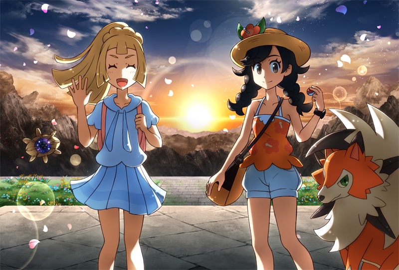 2girls :d backpack bad_id bad_pixiv_id bag bangs banned_artist blonde_hair blunt_bangs blush braid closed_eyes closed_mouth cloud commentary_request cosmoem day eyelashes french_braid hand_up high_ponytail holding holding_poke_ball holding_strap lens_flare lillie_(pokemon) long_hair lycanroc lycanroc_(dusk) multiple_girls nin_(female) open_mouth outdoors pleated_skirt poke_ball pokemon pokemon_(creature) pokemon_(game) pokemon_usum selene_(pokemon) shirt short_shorts short_sleeves shorts shoulder_bag skirt sky sleeveless sleeveless_shirt smile standing swept_bangs twin_braids white_shirt white_shorts white_skirt