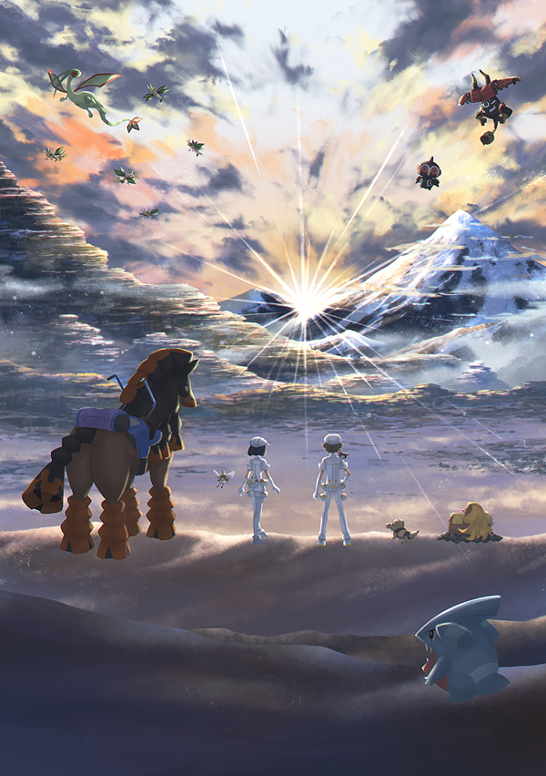 1boy 1girl aether_foundation_employee alolan_dugtrio bad_id bad_pixiv_id banned_artist black_hair brown_hair claydol cloud commentary_request flygon flying gible gloves hand_on_hip hat jumpsuit mountain mudsdale nin_(female) outdoors pokemon pokemon_(creature) pokemon_(game) pokemon_sm ribombee sandile shoes short_hair sleeves_rolled_up sun tapu_bulu vibrava white_footwear white_gloves white_headwear white_jumpsuit