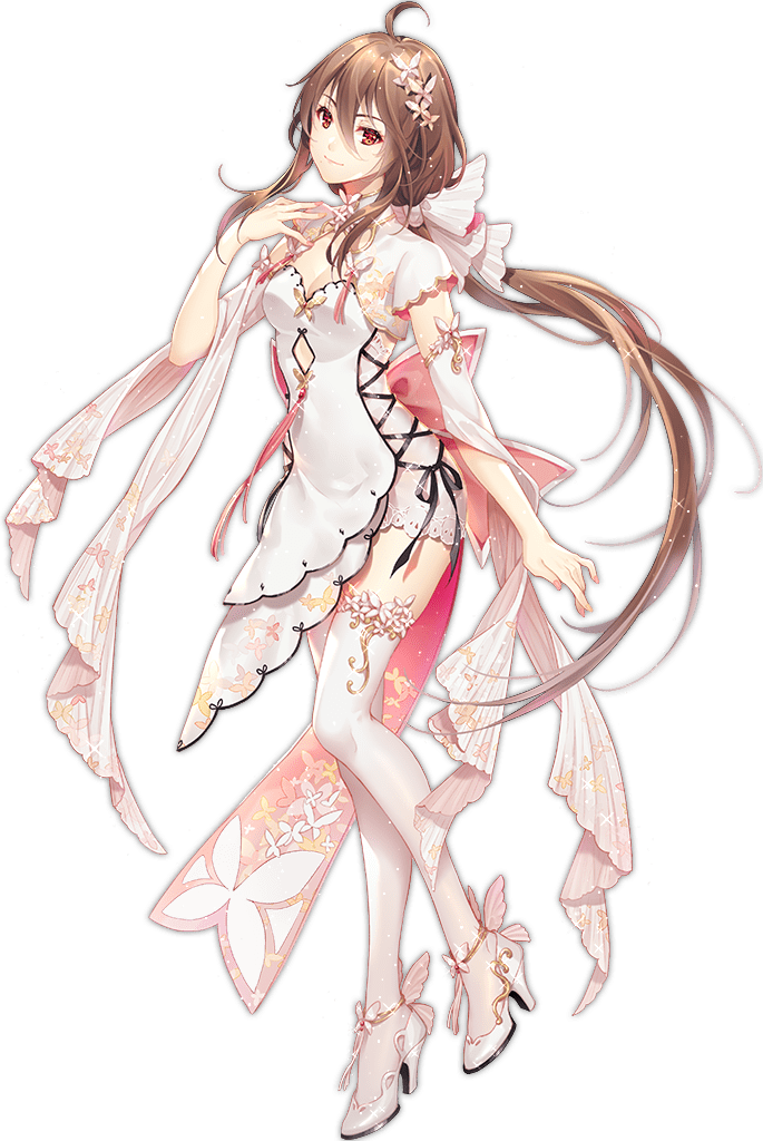 1girl ahoge animal_print ark_order back_bow bangs bow brown_hair butterfly_hair_ornament butterfly_print china_dress chinese_clothes dress full_body hair_bow hair_ornament high_heels long_hair low_ponytail official_art pink_bow pink_nails red_eyes shoes short_sleeves sidelocks solo tachi-e thighhighs tidsean transparent_background very_long_hair vocaloid vsinger white_bow white_dress white_footwear white_legwear winged_footwear yuezheng_ling