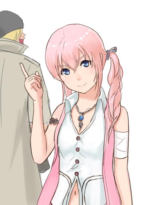 1boy 1girl bandana blonde_hair blue_eyes breasts closed_mouth final_fantasy final_fantasy_xiii gesomaru jewelry long_hair looking_at_viewer necklace open_mouth pink_hair serah_farron side_ponytail simple_background smile snow_villiers white_background