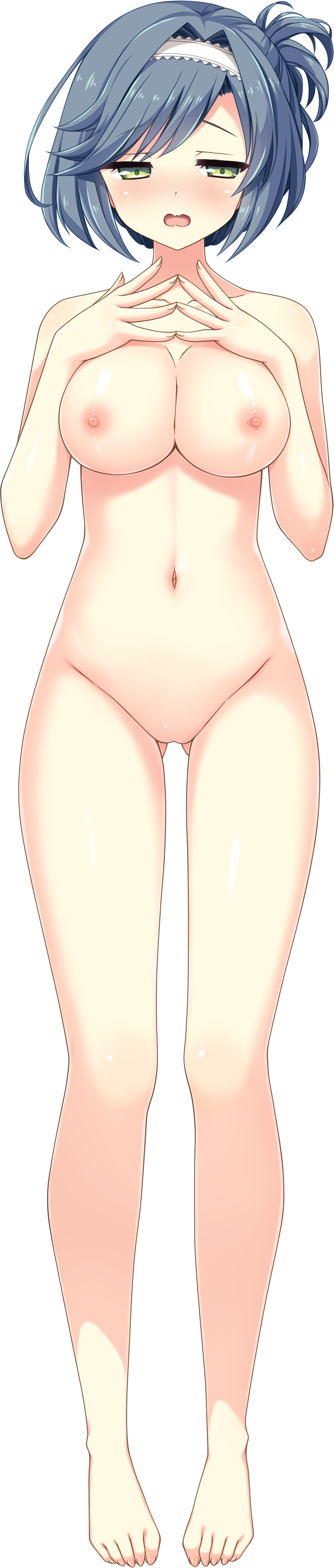 1girl absurdres ass_visible_through_thighs asymmetrical_bangs bangs barefoot blush breasts completely_nude eyebrows_visible_through_hair full_body green_eyes hair_intakes hairband half-closed_eyes highres ikegami_akane large_breasts matsuyuki_kiri no_pussy nude official_art open_mouth ore_no_sugata_ga_toumei_ni!?_invisible_to_suuki_na_unmei photoshop_(medium) short_hair silver_hair solo steepled_fingers tachi-e tall_image transparent_background updo wavy_mouth