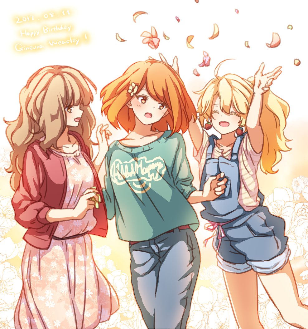 3girls alternate_costume blonde_hair brown_hair closed_eyes dress earrings flower ginny_weasley hair_flower hair_ornament happy_birthday harry_potter_(series) hermione_granger jewelry kapirusu luna_lovegood multiple_girls orange_hair ponytail shorts suspender_shorts suspenders