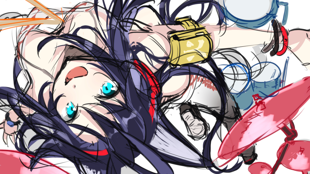 1girl :d animal_ears aqua_eyes arknights arm_strap black_hair blaze_(arknights) blaze_(burst_feline)_(arknights) bracelet breasts cat_ears cleavage downblouse drum drum_set from_above headphones hellnyaa instrument jewelry leg_up long_hair looking_at_viewer looking_up medium_breasts official_alternate_costume open_mouth outstretched_arms pants simple_background sketch smile solo standing standing_on_one_leg very_long_hair white_background white_pants