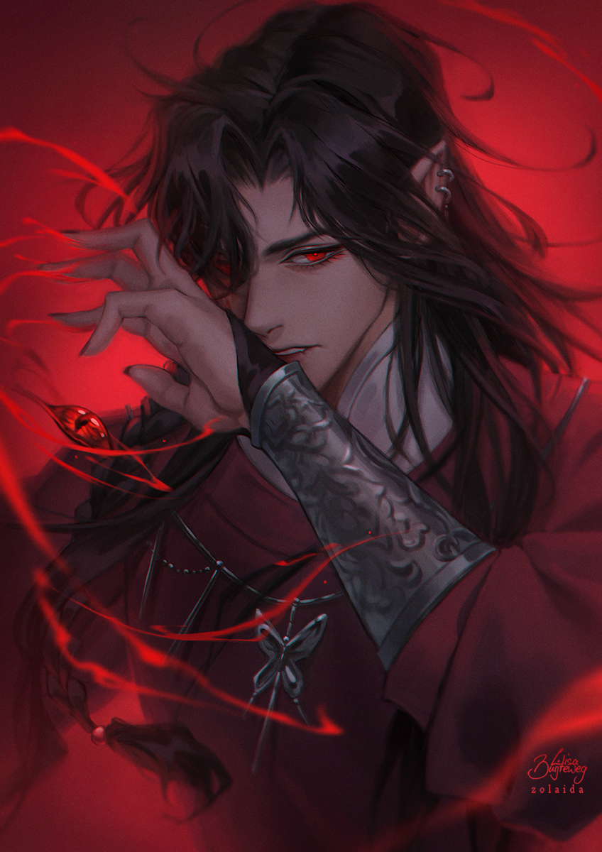 1boy arm_up black_hair black_nails blood bracer commentary english_commentary eyelashes fingernails gem hair_over_one_eye highres hua_cheng jewelry lisa_buijteweg long_hair long_sleeves looking_at_viewer male_focus necklace pointy_ears red_eyes ring sharp_fingernails tian_guan_ci_fu upper_body wind