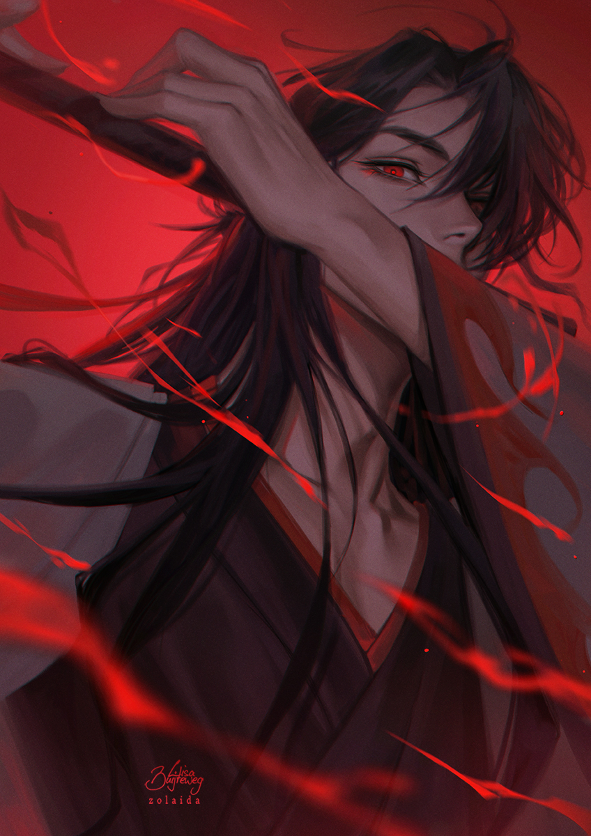 1boy black_hair black_nails eyelashes flute highres instrument jewelry lisa_buijteweg long_hair long_sleeves looking_at_viewer male_focus mo_dao_zu_shi pectoral_cleavage pectorals petals red_eyes ring upper_body v-neck wei_wuxian wide_sleeves